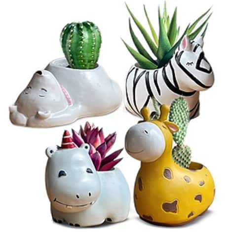 Conjunto de 4 macetas para interiores con diseño de animales del zoo: jirafa, hipopótamo, cebra y oso polar, perfectas para suculentas y cactus. Regalo ideal.