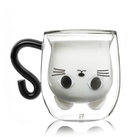 Juego de Tazas Qinhai Gato, Vidrio Borosilicato, Doble Pared, Asa, Regalo Ideal para Ocasiones Especiales.