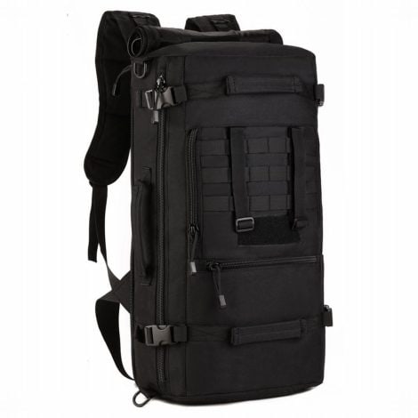 Mochila Militar de 50L ideal para viajes y deportes al aire libre, en color negro.