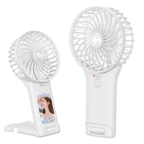 Ventilador portátil Refluxe, 3 en 1 con espejo y 5 colores. Silencioso, ajustable y recargable. Ideal para maquillaje.