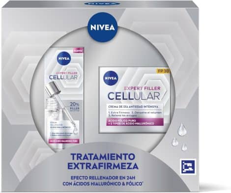 Pack de cuidado antiedad NIVEA Cellular Expert Filler: cremas rellenadoras, caja regalo con crema FP30 (1x50ml), sérum pipeta (1x30ml).