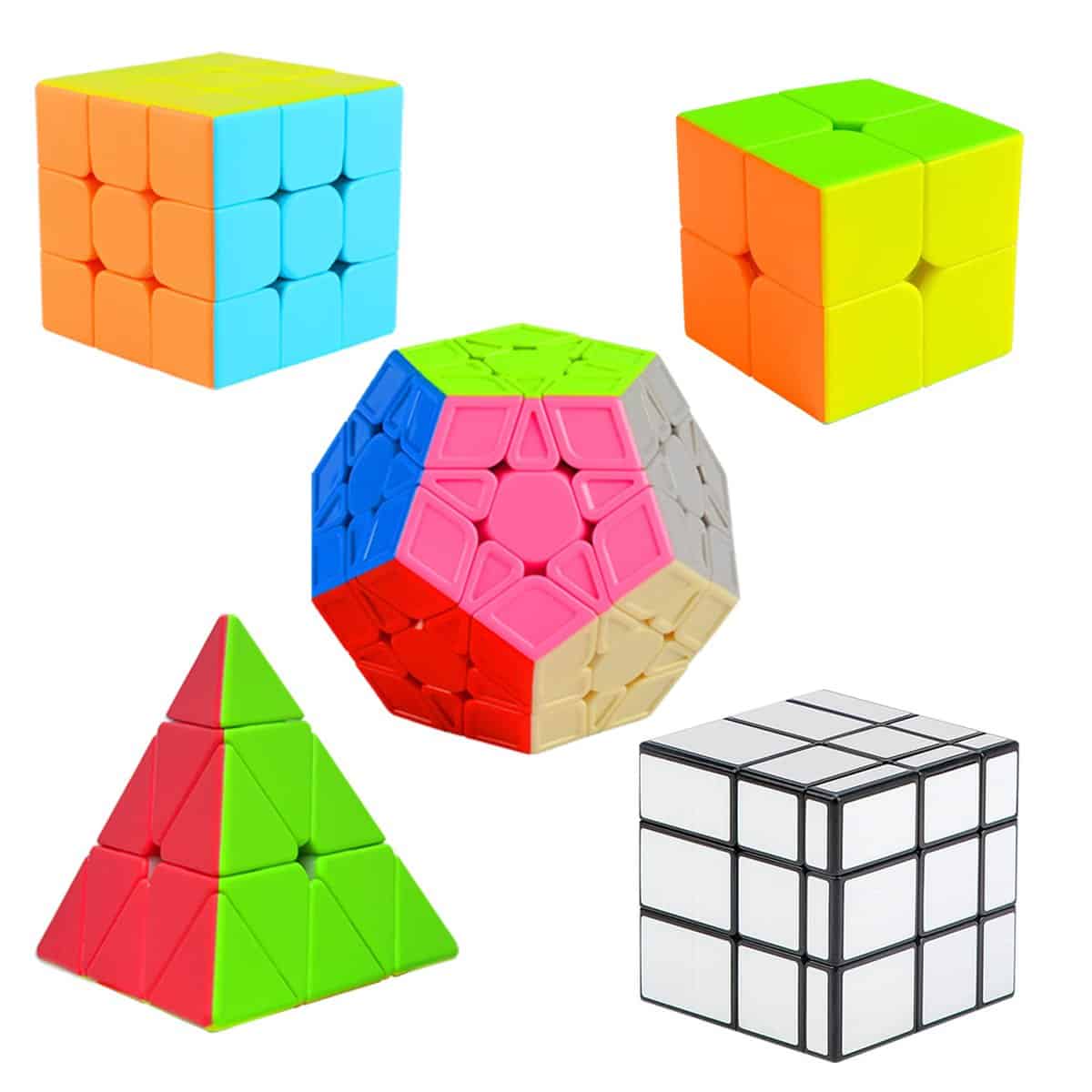 Cooja Cubos de Velocidad, 5 Piezas Speed Cube Set 2x2 + 3x3 + Pyraminx + Megaminx + Mirror Cube, Smooth Magic Cube Puzzle Durable de Juguetes para Niños Niñas