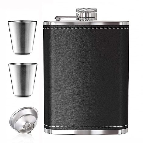 Set de Petacas de Acero Inoxidable 240ml con 2 Tazas y Embudo, ideal para whisky.