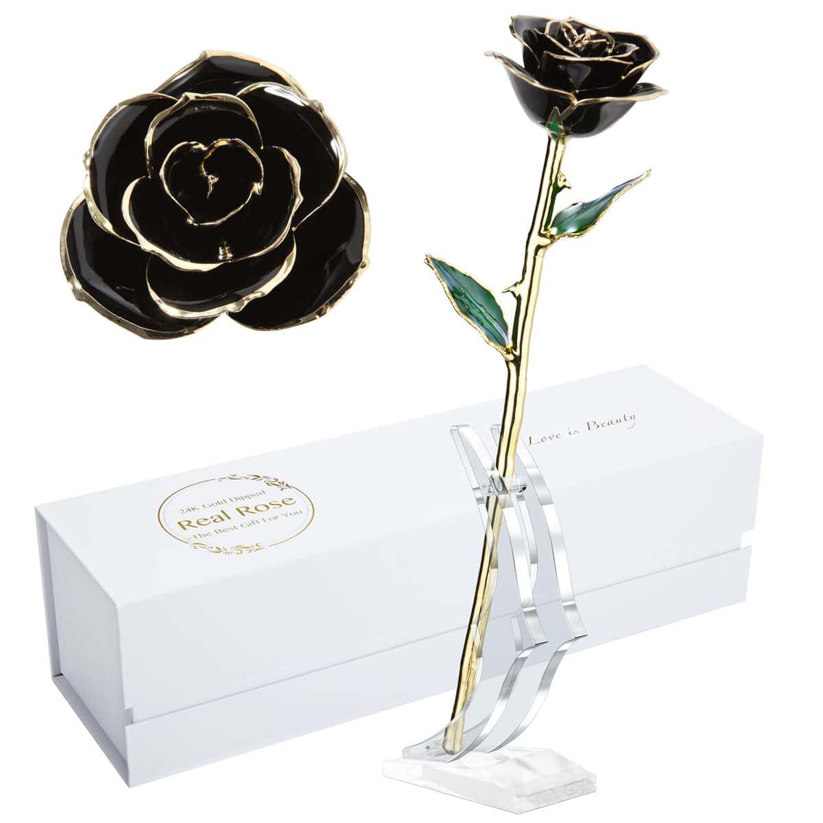 MAXSPT Rosa real dorada, rosa bañada en oro hecha de rosa real, el mejor regalo para ella y gran regalo para novia, negro con soporte