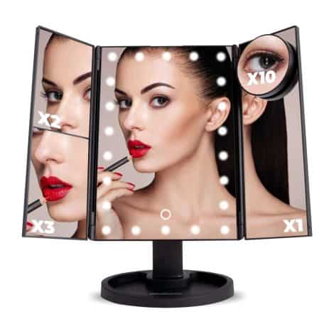 Espejo de maquillaje con iluminación LED, 22 luces y aumento de 1x, 2x, 3x y 10x. Plegable y con pantalla táctil. Incluye batería o cable USB. Regalo perfecto para tocador de mujeres y hombres. Color negro.