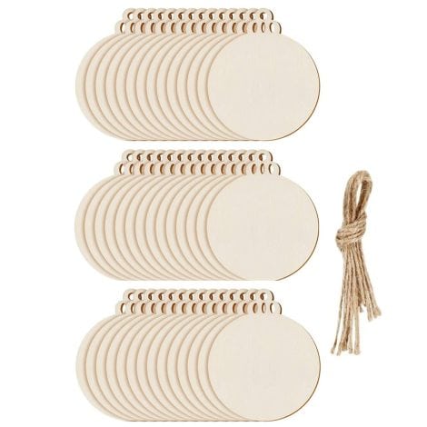 100 bolas redondas de madera para colgar adornos navideños con rebanadas de madera en blanco y cuerda, perfectas para decorar el árbol de Navidad y hacer manualidades.