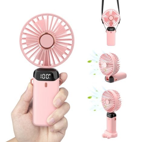 Ventilador personal SUTOUG, recargable USB-C de 3000 mAh, 5 modos de velocidad, base potente de escritorio, 12 horas de funcionamiento, color rosa.