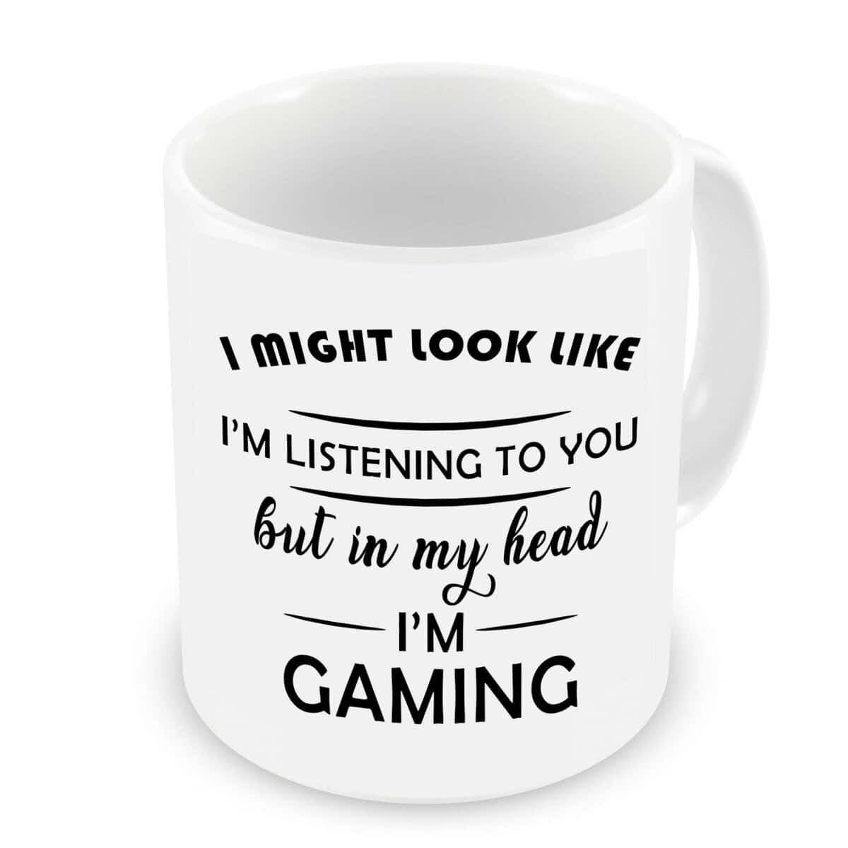 GrassVillage I Might Look Like I'm Listening to You but in my head I'm Gaming taza de cerámica, taza blanca, divertida y sarcasm 325 ml