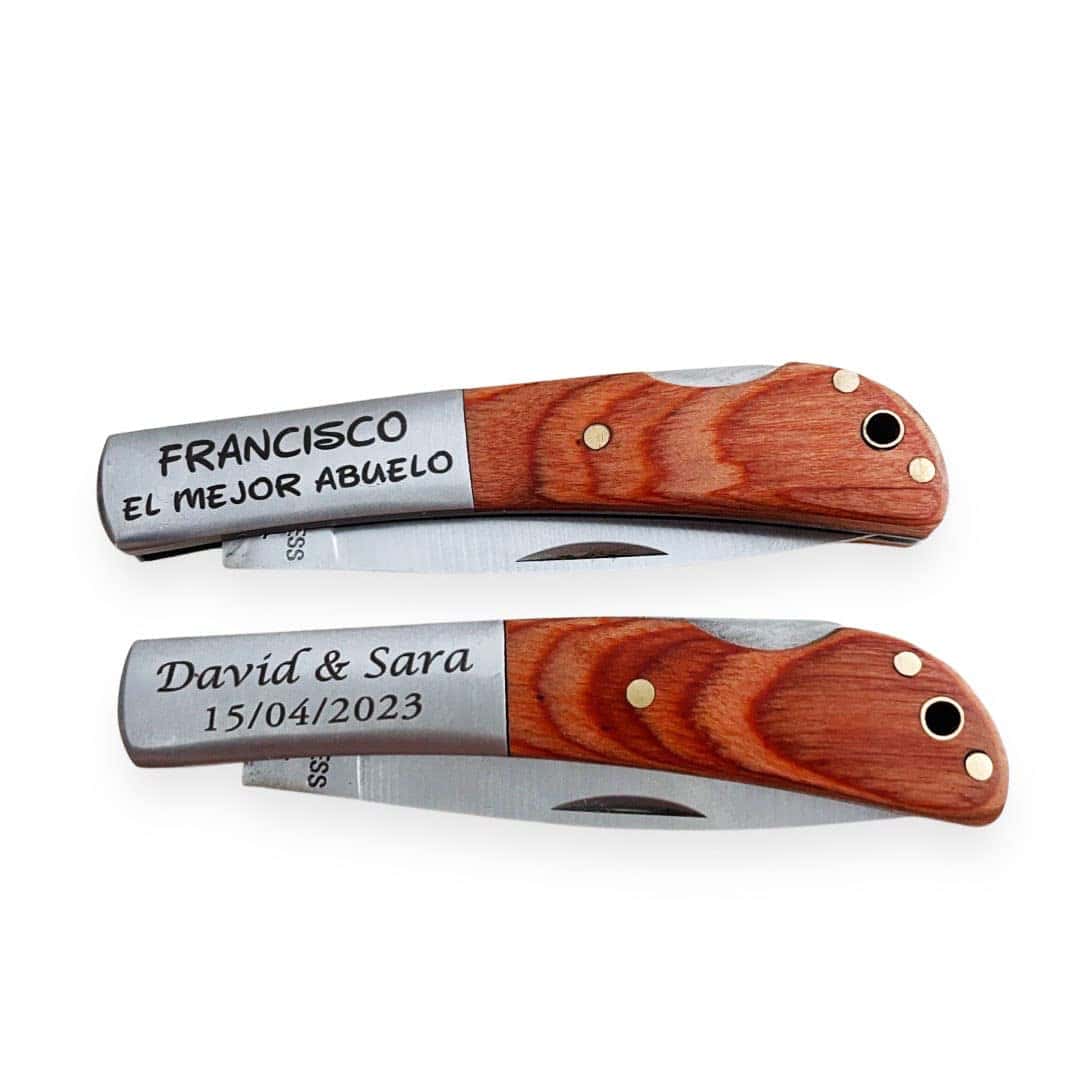 regalo grabado Navaja Personalizada con texto, acero inoxidable y madera. Pack unidades (1)