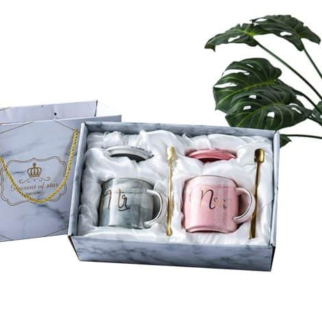 Pack de 2 tazas de regalo para parejas, 450 ml, de cerámica con diseño Mr y Mrs. Ideal para bodas y aniversarios.