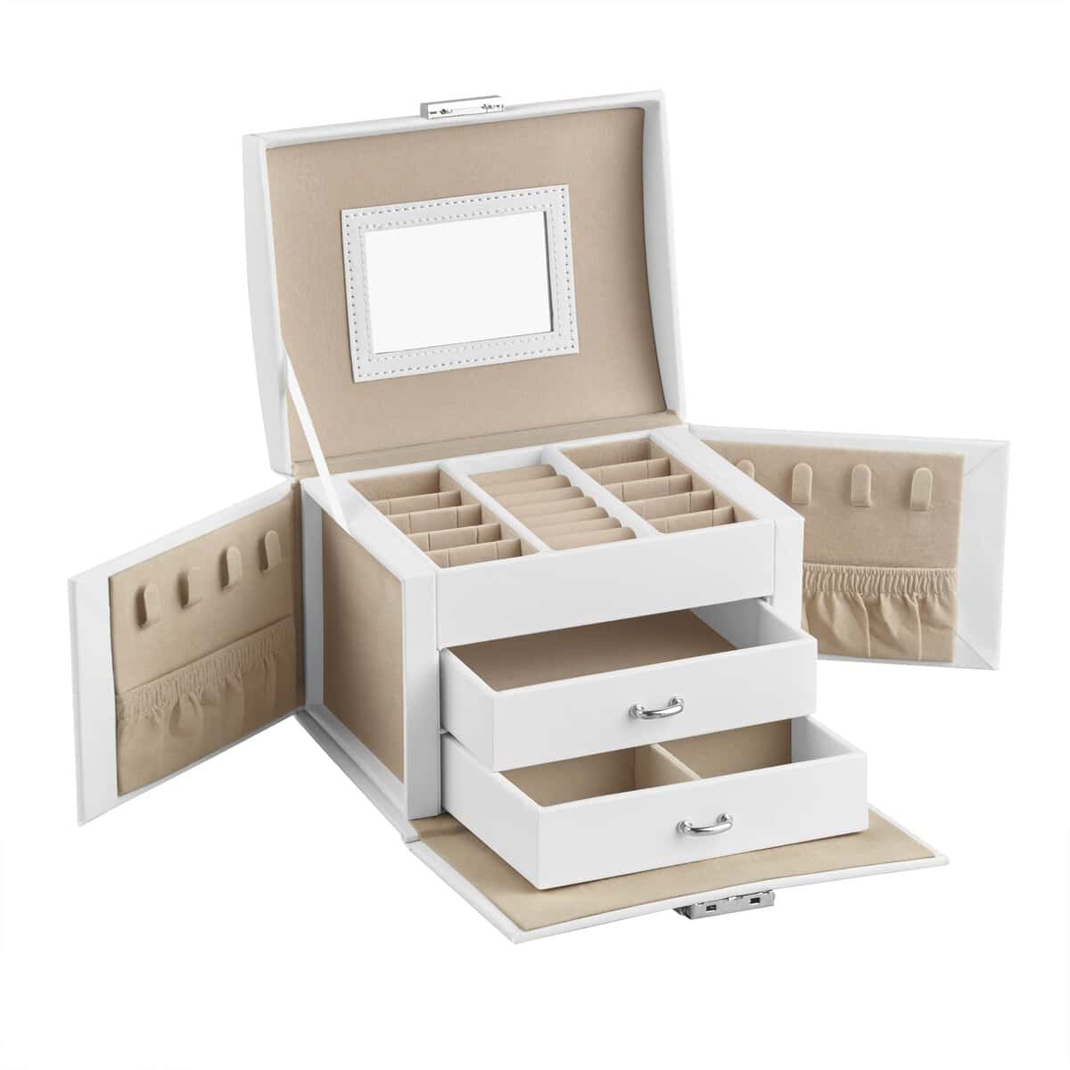 SONGMICS Caja Joyero de 3 Niveles, Caja para Joyas con Asa, 2 Cajones, Espejo, Cerradura, para Viajar, Estilo Moderno, Regalo para Seres Queridos, Blanco Clásico JBC154W01