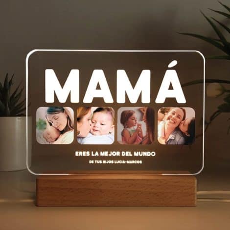 Lámpara Personalizada Transparente con Fotos y Frase para Regalar a Mamá. Ideal para el Día de la Madre o su Cumpleaños. Regalo Original con Placa Metacrilato y Luz.