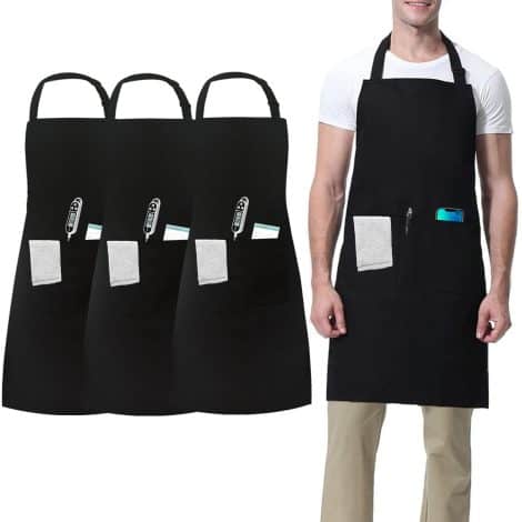 Conjunto de 3 Delantales de Cocina Negros, para Hombres y Mujeres, Ajustables y con Bolsillos, Ideales para Trabajo y Restaurante.