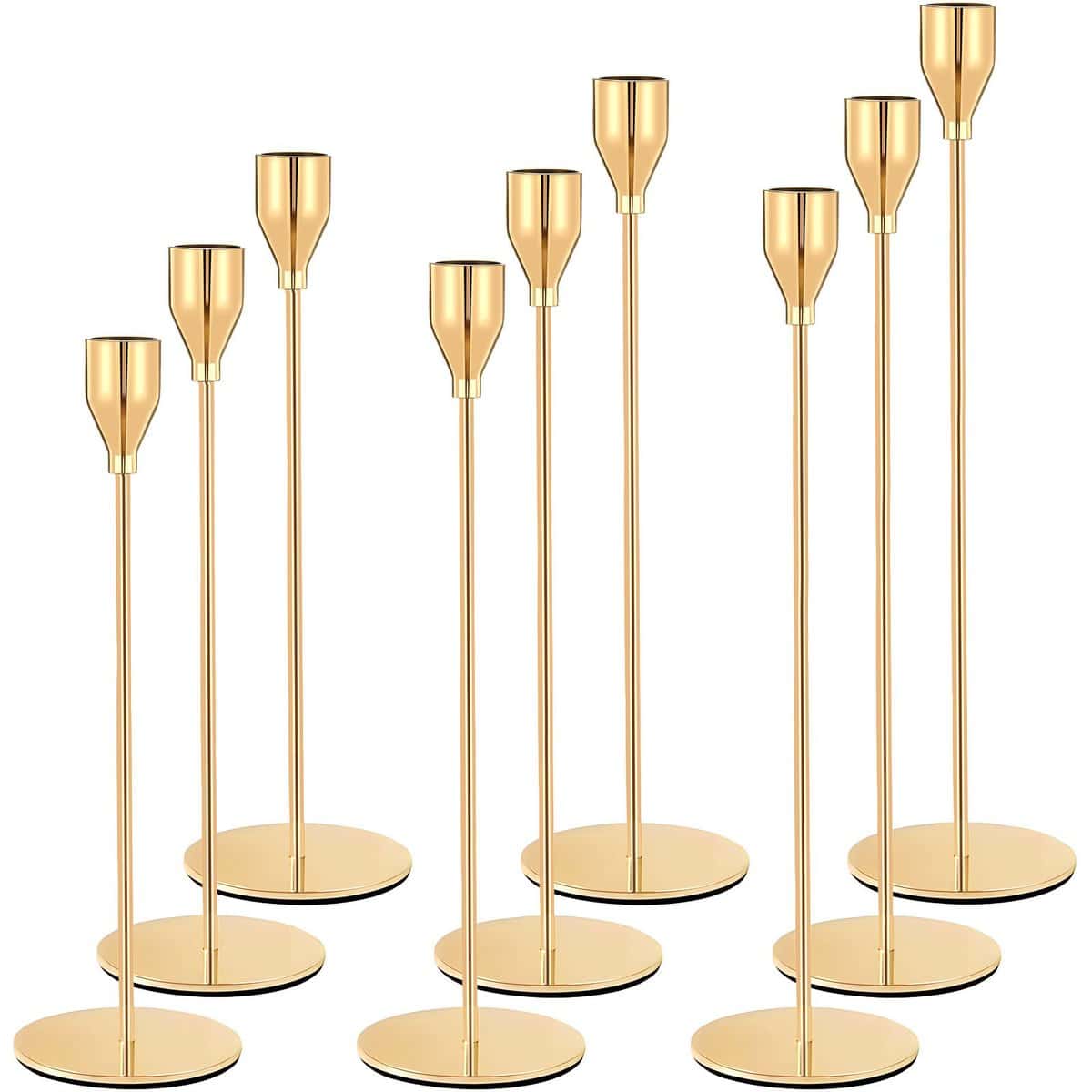 BARAKYEG Juego de 9 Portavelas Dorado,23/28/33 cm para de 2.2 cm de Velas Cónicas Sola Cabeza Portavelas Candelabro de Boda,Jardin Candelabros Retro Decoración de Mesa,Regalos Originales para Mujer