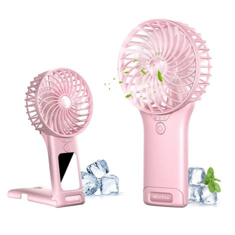 Ventilador recargable, potente y portátil con espejo de maquillaje, ideal para uso en interiores y exteriores. (Rosa)