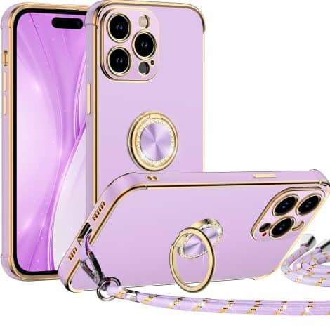 Funda lujosa y práctica para iPhone 15 Pro Max, con anillo y cordón, color morado.