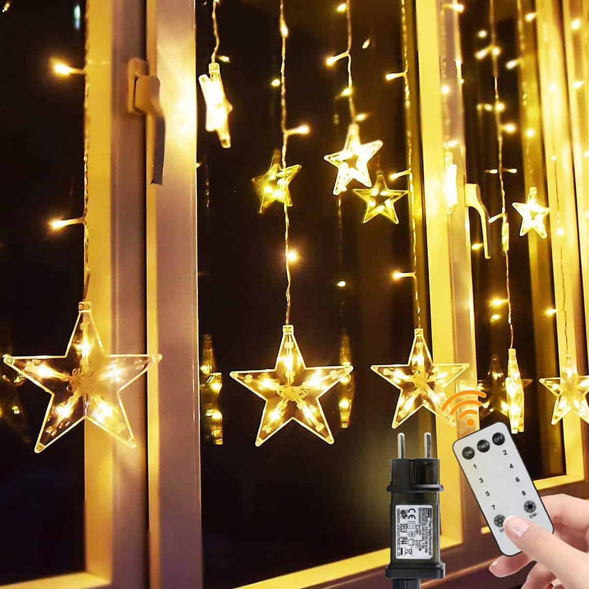 Guirnaldas Luminosas Estrellas Cortina Luces, 138 Leds Telones de Hogar, Led Cortina Cadena Luces Con Control Remoto Para El Balcón, Ventana, Pared, Escaparate, Boda, Fiesta, Blanco Cálido