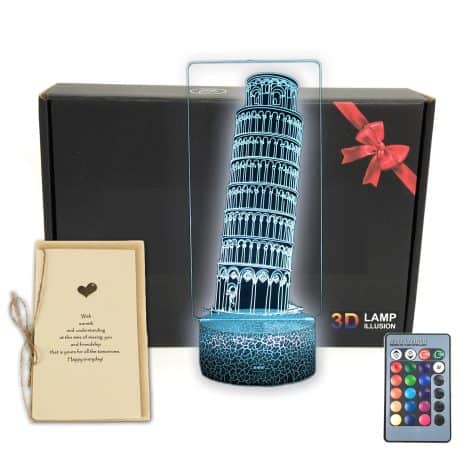 Luz nocturna con efecto 3D de la Torre de Pisa en Italia, base luminosa, 16 colores, regalo divertido para todos.