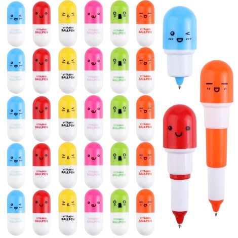 Set de 30 mini bolígrafos retráctiles, con diferentes expresiones y vitamina, ideal para escuela, oficina y hogar (6 colores).