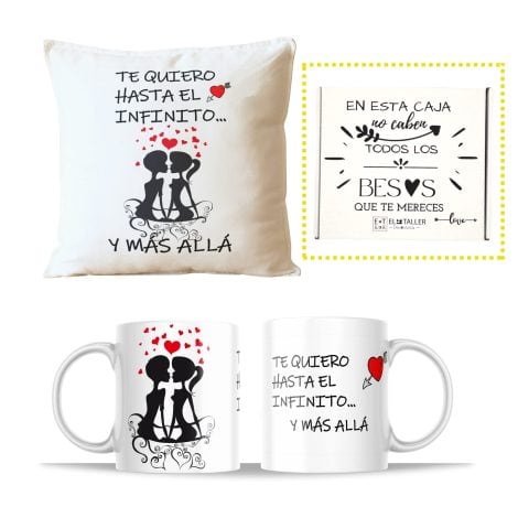 juventud (16 words): Cojín y taza de regalo para celebrar San Valentín, ideal como obsequio original para parejas jóvenes.