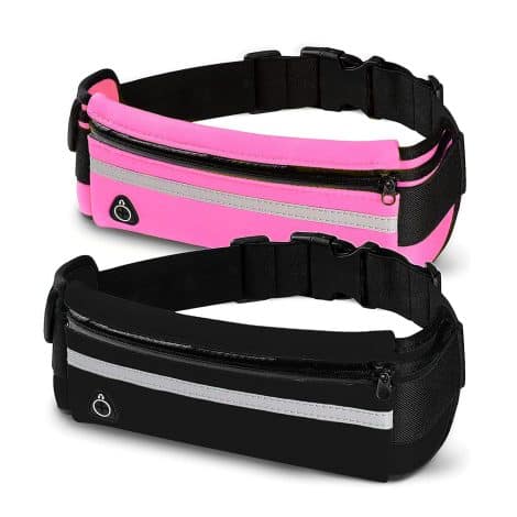 Conjunto CREADY® para correr: cinturón y riñonera ajustable y reflectante, ideal para hombre y mujer. 2×1 en riñonera móvil, en colores rosa y negro.