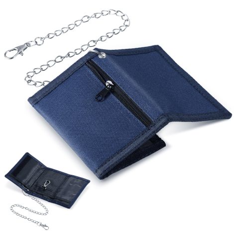 Cartera de tres pliegues RFID, fina con cadena y cierre de cremallera, deportiva en azul, RFID, 12 x 8 x 1 cm.