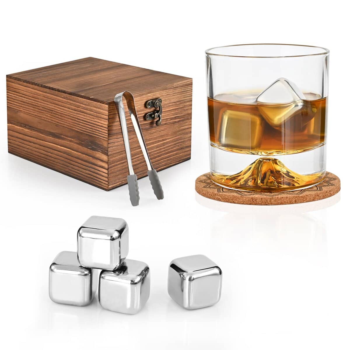 EooCoo Set de Piedras Whisky con Vaso, Regalos Originales para Hombre, Accesorios de Whiskey, Pack Regalo Personalizados Navidad Padre, 4 Cubitos Hielo Reutilizables + Vaso, Posavasos, Caja de Madera