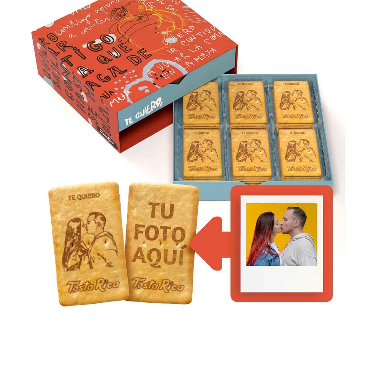 My TostaRica - 60 Galletas Personalizadas con Foto, Frase y Dedicatoria - Incluye un Estuche con un Diseño Creativo - Caja A de Amor
