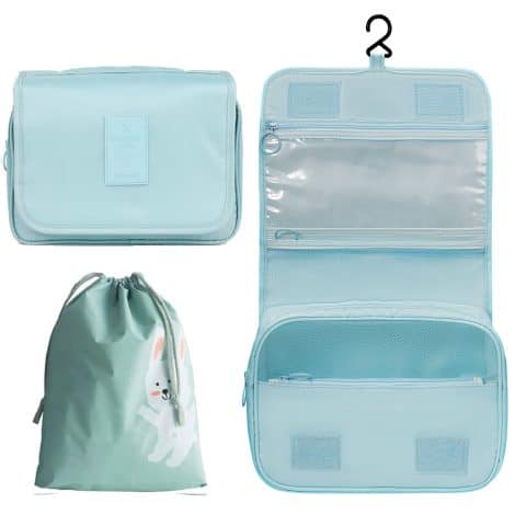 Bolsa de maquillaje impermeable y espaciosa con gancho colgante, ideal para viajes y campamentos. Envío gratuito de un lindo neceser viaje pequeño de color azul.