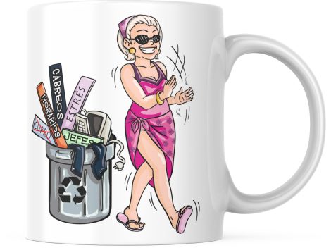 Tazas divertidas para regalar en la jubilación de una mujer. Taza personalizada y graciosa de cerámica de 350ml.