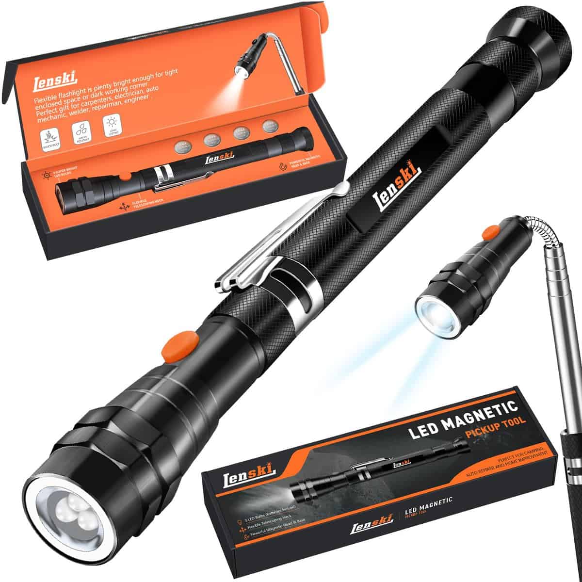 Lenski Gifts for Men Telescopic Magnetic Pickup Tool con LED, Gadgets para hombres Regalos para él, Regalos para hombres para rellenos de calcetines de Navidad,