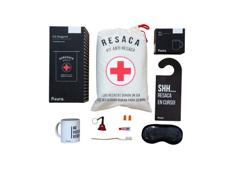 Fisura – Kit resacón en español. Set regalo bodas, cumpleaños y fiestas. Kit supervivencia unisex. Regalo divertido amigos. 8 ítems.