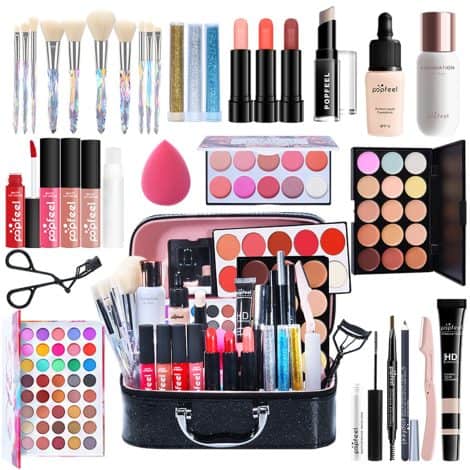 Kit completo de maquillaje con 34 piezas, ideal como set de regalo para mujeres y niñas.