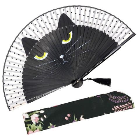 Abanico de Mano Sexy Cat OMyTea para Mujer, Estilo Chino/Japonés, Vintage, Retro, Boda, Baile, Fiesta, Regalos, Funda Protectora (Gato Negro).