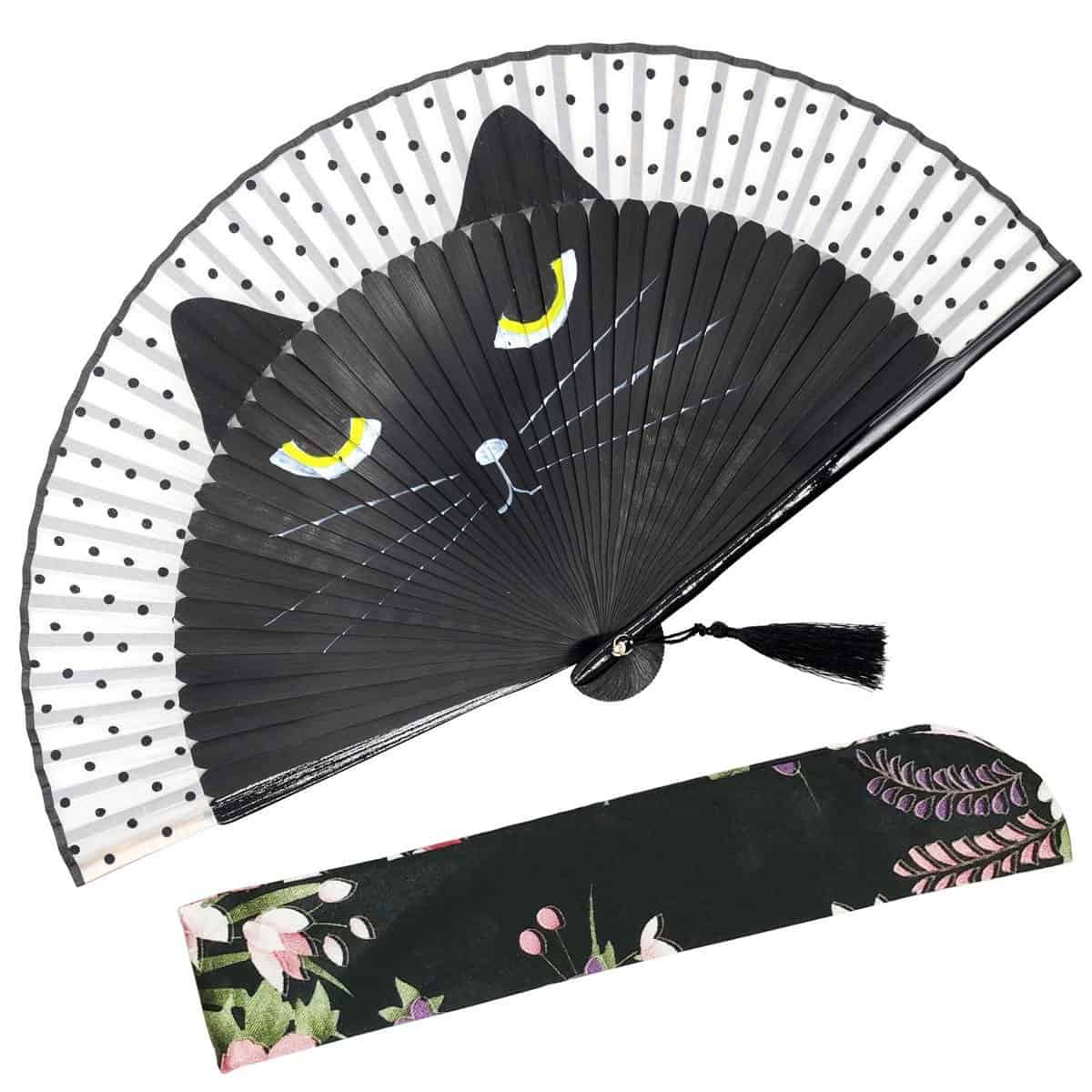 OMyTea Abanico Plegable de Mano Sexy Cat para Mujer, Estilo Chino/japonés, Vintage, Retro, para Boda, Baile, Iglesia, Fiesta, Regalos, con una Funda de Tela para protección (Gato Negro)