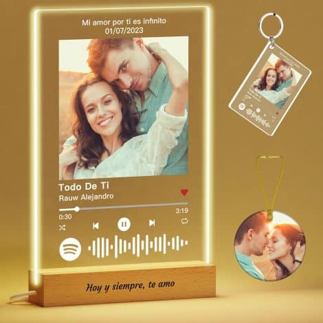 Placa personalizada Spotify Voryusmer – Regalo aniversario, pareja, novio, novia – Original y con foto – Placa metacrilato y canción de Spotify – Base madera.