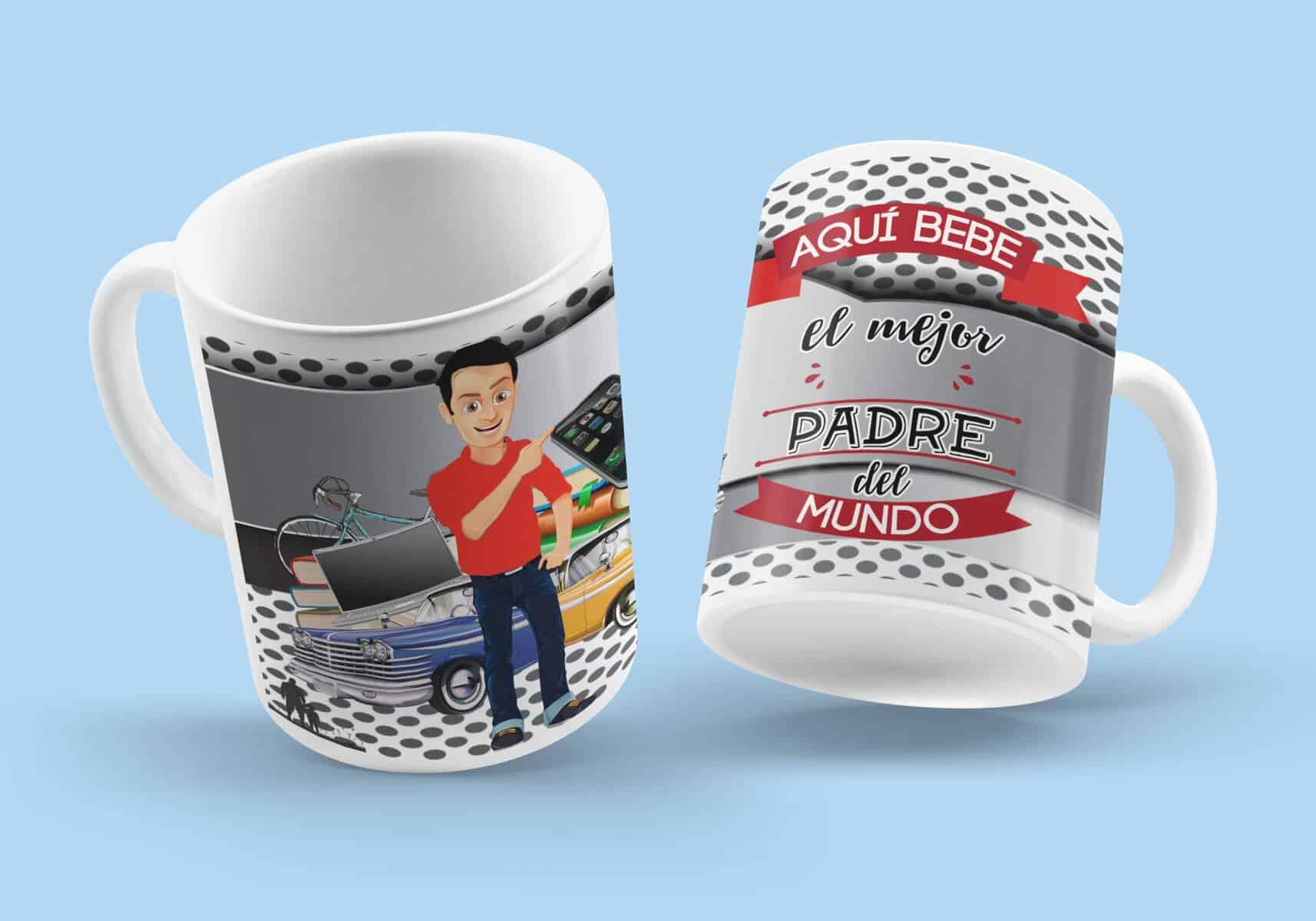 Taza Desayuno Personalizada para Regalo día del padre.-Aquí Bebe el Mejor Padre del Mundo.- Regalo original para hombres con frase.350 ml. (Padre Moreno)