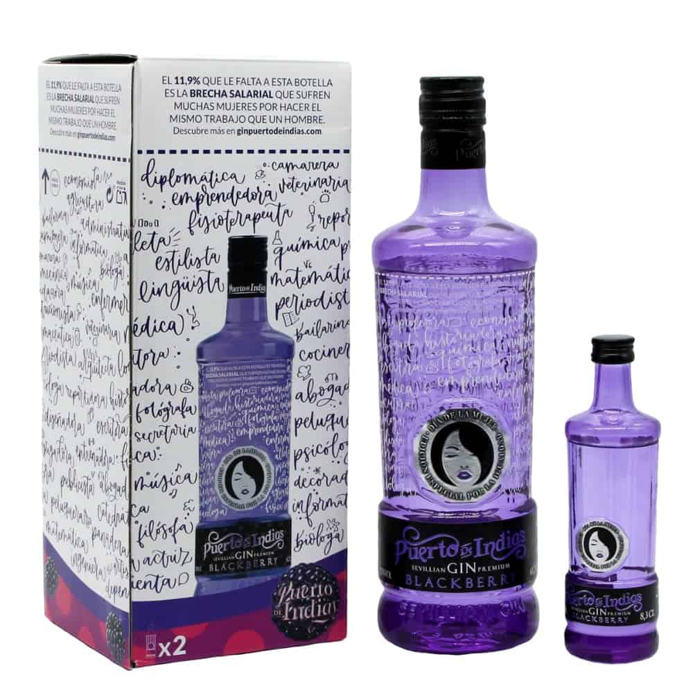 Puerto de Indias  Edicion Especial Dia de la Mujer  Brecha Salarial  Pack Ginebra de Mora Exotica Premium + Mini Botella Regalo  Pack Exotic Blackberry Premium Gin  37.5º