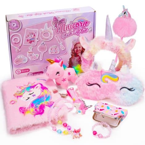 Club de Niños Felices – Set de Regalo de Unicornios para Niñas en Navidad, Edades 3-12 – Incluye Diario Secreto, Bolígrafo, Pulseras, Collar, Monedero, Llavero, Peluche, Diadema, Maquillaje y Antifaz para Dormir. Ideal para Juguetes de Niñas.