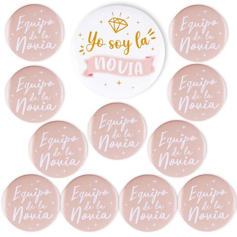 GEBETTER 12 Pcs Insignias Alfileres Despedida de Soltera, 1* Novia 7,5 CM + 11* Equipo Novia 5,8 CM, Regalo Fiesta Despedida Soltera Boda Damas de Honor.