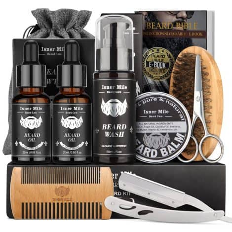 Set de cuidado de barba masculina, incluye aceite, champú, bálsamo, cepillo, peine, tijeras. Ideal para regalar a papá.