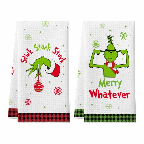 Conjunto de paños y toallas navideñas divertidas con diseño Grinch, perfectos como decoración o regalos navideños.