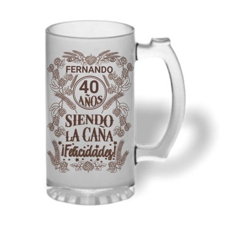 Jarra de cerveza personalizada en cristal grabado. Original regalo de cumpleaños: ¡40 años de diversión! ¡Felicidades!