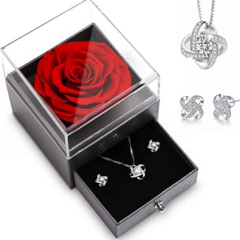 Conjunto Regalo Romántico: Rosas Rojas Eternas en Caja, Collar y Pendientes para San Valentín, Día de la Madre, Aniversario, Navidad y Cumpleaños.