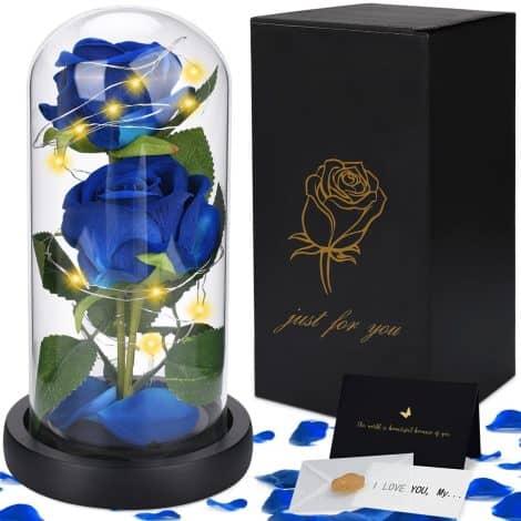 Kit de Rosas Eternas Azules “La Bella y La Bestia”, con Cúpula de Cristal, Base de Pino, Luces LED y Tarjeta. Rosas Dobles para San Valentín/Día de la Madre.