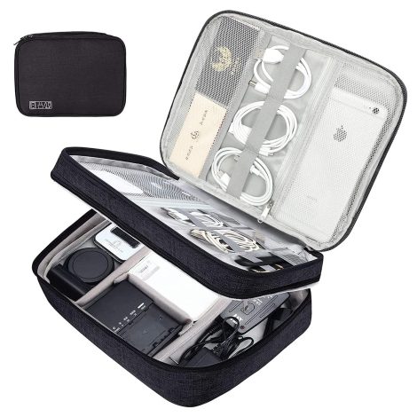 Organizador para cables y accesorios electrónicos, práctica bolsa de viaje con compartimento doble, ideal para cables USB, cargadores, ratón y disco duro. Negra.