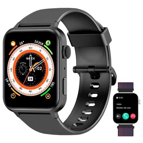 Reloj inteligente FeipuQu, para mujer y hombre – Llamadas, asistente de voz, oxímetro, podómetro, pantalla 1,85”, compatible Android/iOS. (2 correas)