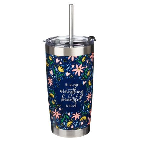 Taza de viaje cristiana azul floral para mujer con aislamiento al vacío y capacidad de 18 onzas.