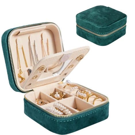 Organizador de joyas portátil mini Darbermu, estuche de viaje con doble capa de terciopelo, espejo, anillos, aretes, pulseras, caja de regalo para niñas y mujeres (verde).