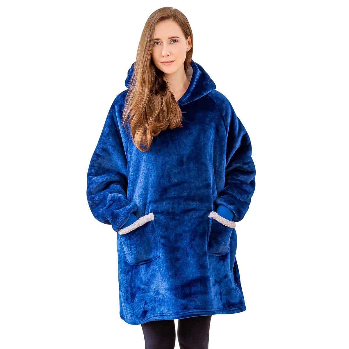 Aisbo Batamanta Mujer Invierno Gruesa - Bata Manta Polar Hombre Sherpa, Sudadera Manta Borreguito con Mangas y Capucha, Buen Regalo para Mujer y Hombre(112x94cm, Azul Marino)